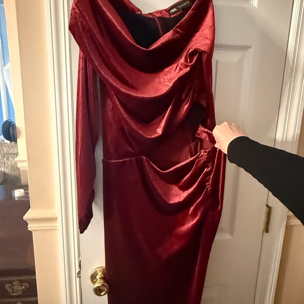 Zara Burgundy Velvet Draped Long-Sleeve Dress